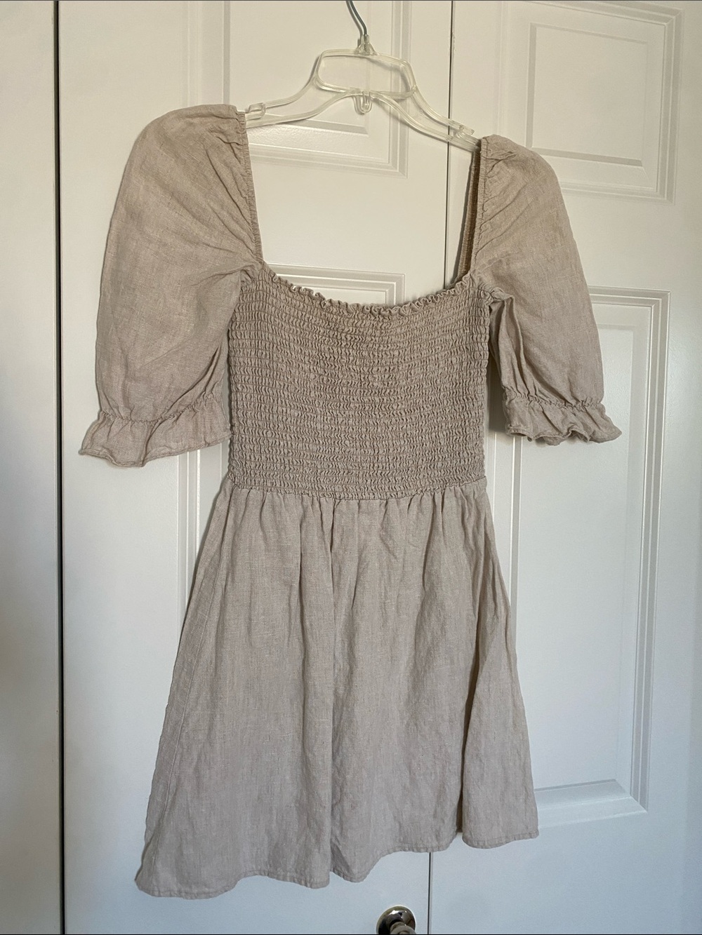 Reformation Beige Smocked Puff-Sleeve Mini Dress